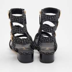 Pre Owned Chanel Black/White Tweed CC Gladiator Sandals Size 37.5