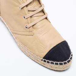 Pre Owned Chanel Beige Leather And Black Canvas Cap Toe High Top Espadrille  Sneakers Size 36
