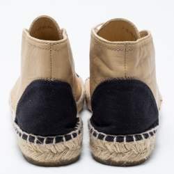 Pre Owned Chanel Beige Leather And Black Canvas Cap Toe High Top Espadrille  Sneakers Size 36