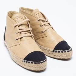Pre Owned Chanel Beige Leather And Black Canvas Cap Toe High Top Espadrille  Sneakers Size 36