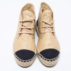 Pre Owned Chanel Beige Leather And Black Canvas Cap Toe High Top Espadrille  Sneakers Size 36