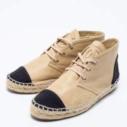 Pre Owned Chanel Beige Leather And Black Canvas Cap Toe High Top Espadrille  Sneakers Size 36