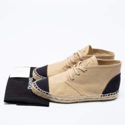 Pre Owned Chanel Beige Leather And Black Canvas Cap Toe High Top Espadrille  Sneakers Size 36