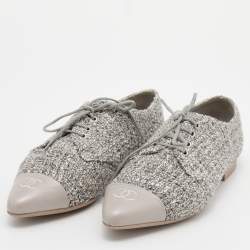 Chanel Multicolor Tweed And Leather CC Cap Toe Lace Up Derby Size 37.5