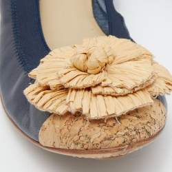 Pre Owned Chanel Blue/Beige Leather And Raffia Camellia Ballet Flats Size 39
