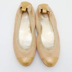 Pre Owned Chanel Metallic Gold Nubuck Leather CC Cap Toe Scrunch Ballet Flats Size 40