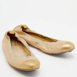 Pre Owned Chanel Metallic Gold Nubuck Leather CC Cap Toe Scrunch Ballet Flats Size 40