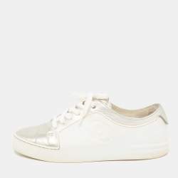 Chanel Silver/White Rubber And Leather CC Low Top Sneakers Size
