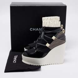 Chanel Multicolor Suede And Patent Wedge Ankle Boots Size 38.5