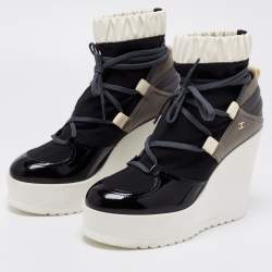 Chanel Multicolor Suede And Patent Wedge Ankle Boots Size 38.5