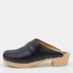Chanel Black Leather Wooden Clogs Size 39