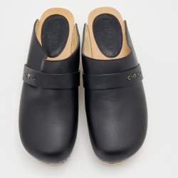 Chanel Black Leather Wooden Clogs Size 39