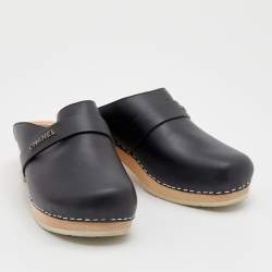 Chanel Black Leather Wooden Clogs Size 39