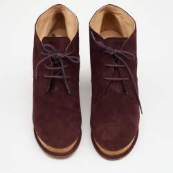 Chanel Burgundy Suede Cap Toe Lace Up Booties Size 38