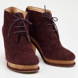Chanel Burgundy Suede Cap Toe Lace Up Booties Size 38