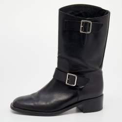 Chanel Black Leather Double Buckle CC Ankle Length Boots Size 39