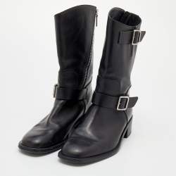 Chanel Black Leather Double Buckle CC Ankle Length Boots Size 39