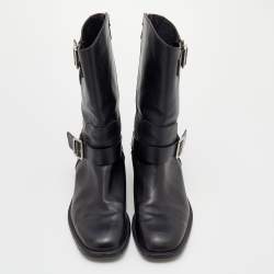 Chanel Black Leather Double Buckle CC Ankle Length Boots Size 39