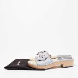 Chanel Blue/White Leather CC Flower Platform Slide Sandals Size 39