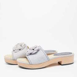 Chanel Blue/White Leather CC Flower Platform Slide Sandals Size 39