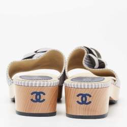 Chanel Blue/White Leather CC Flower Platform Slide Sandals Size 39