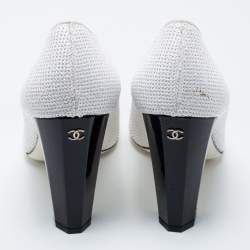 Pre Owned Chanel Black/White Sequins Escarpins Camellia CC Pumps Size 38.5