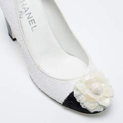 Pre Owned Chanel Black/White Sequins Escarpins Camellia CC Pumps Size 38.5