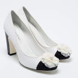 Pre Owned Chanel Black/White Sequins Escarpins Camellia CC Pumps Size 38.5