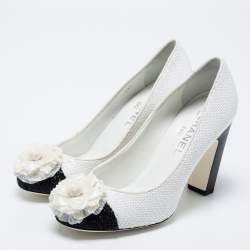 Pre Owned Chanel Black/White Sequins Escarpins Camellia CC Pumps Size 38.5
