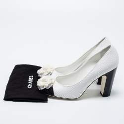 Pre Owned Chanel Black/White Sequins Escarpins Camellia CC Pumps Size 38.5