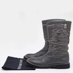 مملوكة مسبقًا Chanel Grey Quilted Nylon And Leather Motorcycle Mid Calf Boots Sie 39