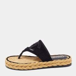 مملوكة مسبقًا Chanel Black Tweed and Mesh CC Thong Flats Size 39