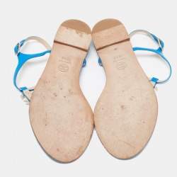 Pre Owned Chanel Blue Leather CC Thong Flat Ankle-Strap Sandals Size 38.5