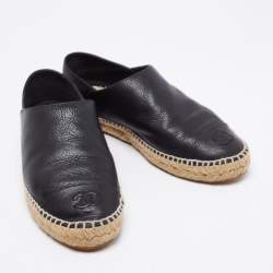 Pre Owned Chanel Black Leather CC Cap Toe Slip On Espadrille Flats Size 40