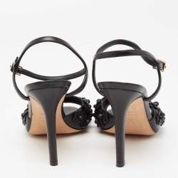 مملوكة مسبقًا Chanel Black Leather Camellia Applique Ankle Strap Sandals Size 39