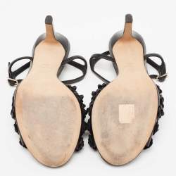 مملوكة مسبقًا Chanel Black Leather Camellia Applique Ankle Strap Sandals Size 39