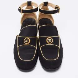 مملوكة مسبقًا حذاء فلات كاحل شانيل جلد وكانفاس ذهبي/ أسود مقاس 39.5