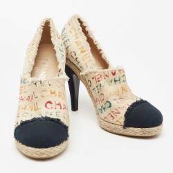 Pre Owned Chanel Beige/Navy Blue Graffiti Canvas Espadrille Pumps Size 40