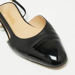 Pre Owned Chanel Black Leather And Patent Leather CC Cap Toe Flat Slingback Sandals Size 39