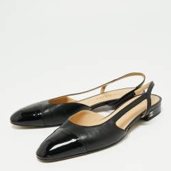Chanel Black Leather And Patent Leather CC Cap Toe Flat Slingback