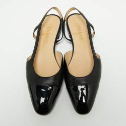 Pre Owned Chanel Black Leather And Patent Leather CC Cap Toe Flat Slingback Sandals Size 39