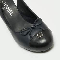 Chanel Blue/Black Leather Cap Toe Slingback Platform Sandals Size 38.5 