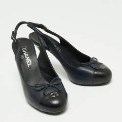Chanel Blue/Black Leather Cap Toe Slingback Platform Sandals Size 38.5 