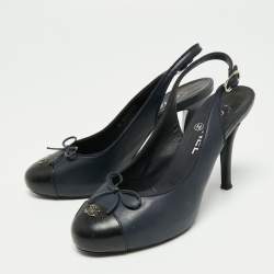 Chanel Blue/Black Leather Cap Toe Slingback Platform Sandals Size 38.5 