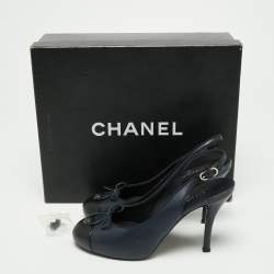 Chanel Blue/Black Leather Cap Toe Slingback Platform Sandals Size 38.5 
