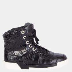 Pre Owned Chanel Black Crocodile Embossed High Top Sneakers EU 38