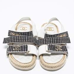 مملوكة مسب قًا Chanel Black/White Tweed And Leather Espadrille Sandals Size 38