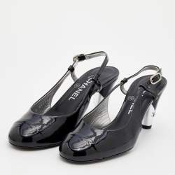 Pre Owned Chanel Black Patent Leather Round Cap Toe Slingback Sandals Size 38