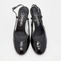 Pre Owned Chanel Black Patent Leather Round Cap Toe Slingback Sandals Size 38