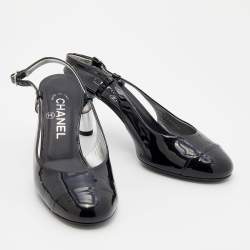 Pre Owned Chanel Black Patent Leather Round Cap Toe Slingback Sandals Size 38